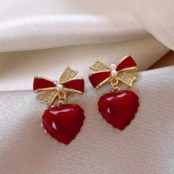 Elegant French-Inspired Red Heart & Bow Dangle Earrings