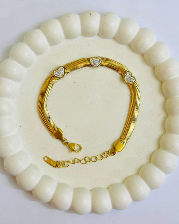 Stainless Steel Gold White Heart Diamanté Chunky Snake Chain Bracele