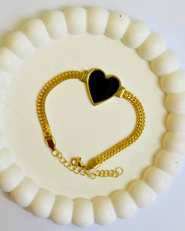 Pearl White &amp; Black Heart Bracelet with Bold Stainless Steel Chain