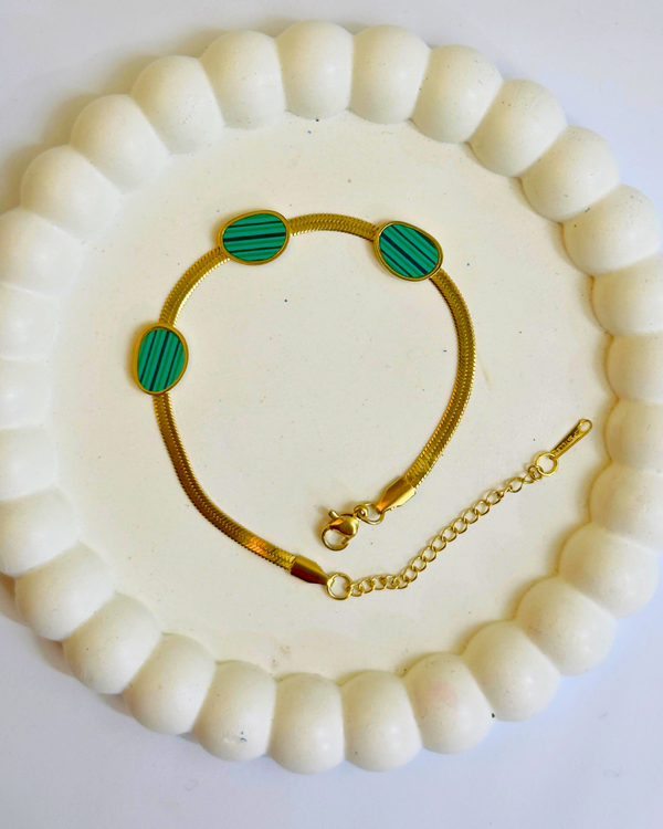 Stainless Steel Golden Bracelet with Green Textured Beads