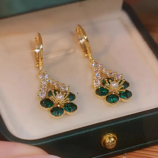 Green Zirconia Flower Dangle Earrings – Elegant Party Jewelry.