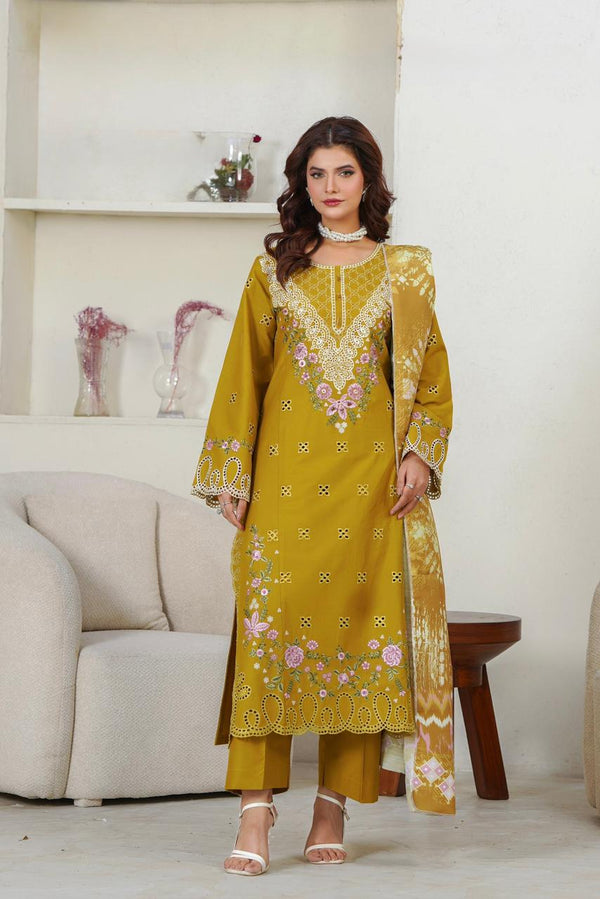 Women’s Cambric Embroidered 3-Piece Suit with Beads Embellishment – Stitched Collection