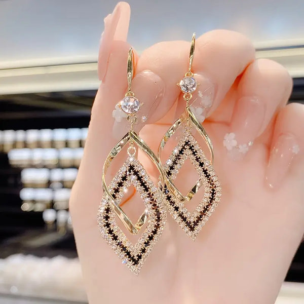 Double-Layer Hollow Diamond-Shaped Zirconia Drop Earrings