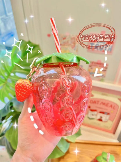 Cartoon Kawaii Strawberry Straw Cup Plastic Cup Lovely Girl Milk Tea Coffee Cup Student Portable Water Cup