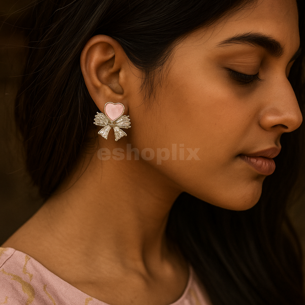 Pink heart silver bow style stud