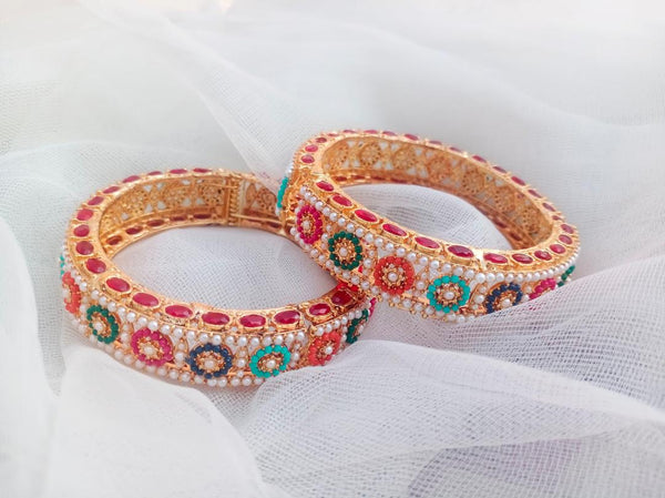 Multi-Color Noratan Design Gold Plated Kara Bangle - Set of 2 Pcs