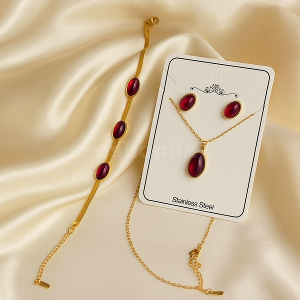 Red Stone Jewellery Set – Bracelet, Pendant & Stud Earrings