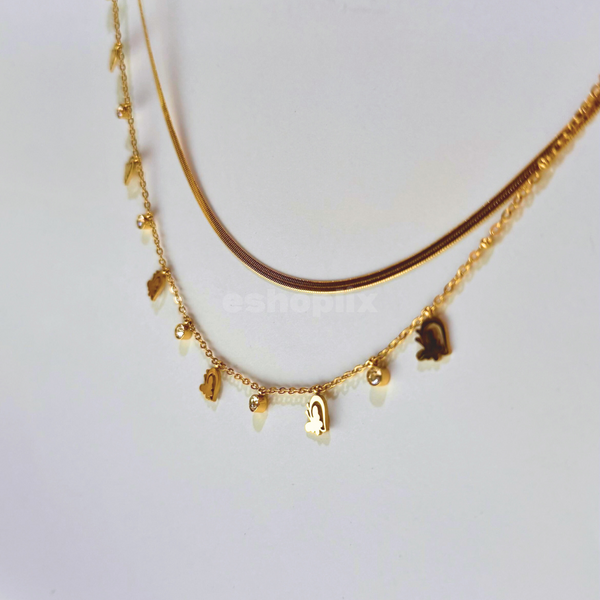 Butterfly in Heart Double Chain Pendant | Gold