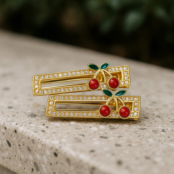 Cherry Rhinestone Hair Clips – Pair of 2 (Rectangle, Oval, Heart, Triangle Big, Triangle Small)